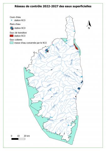 Carte des stations de contrôle opérationnel de la qualité des eaux superficielles 2022-2027